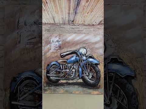 3D Metal Art Painting of Old Fashioned Blue Motorcycle