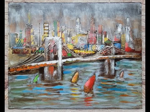 3D Wall Art Painting Bridge & Sailboats Mixed Media Metal Wood