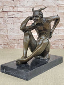Seated Nude Devil Satan Fawn Satyr Bronze Sculpture Art on Marble Base