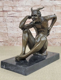 Seated Nude Devil Satan Fawn Satyr Bronze Sculpture Art on Marble Base