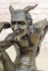 Seated Nude Devil Satan Fawn Satyr Bronze Sculpture Art on Marble Base