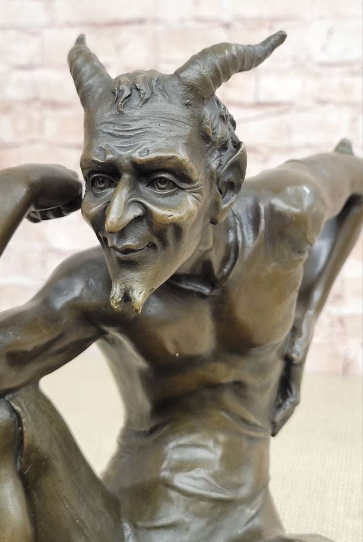 Seated Nude Devil Satan Fawn Satyr Bronze Sculpture Art on Marble Base