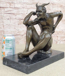 Seated Nude Devil Satan Fawn Satyr Bronze Sculpture Art on Marble Base