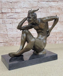 Seated Nude Devil Satan Fawn Satyr Bronze Sculpture Art on Marble Base