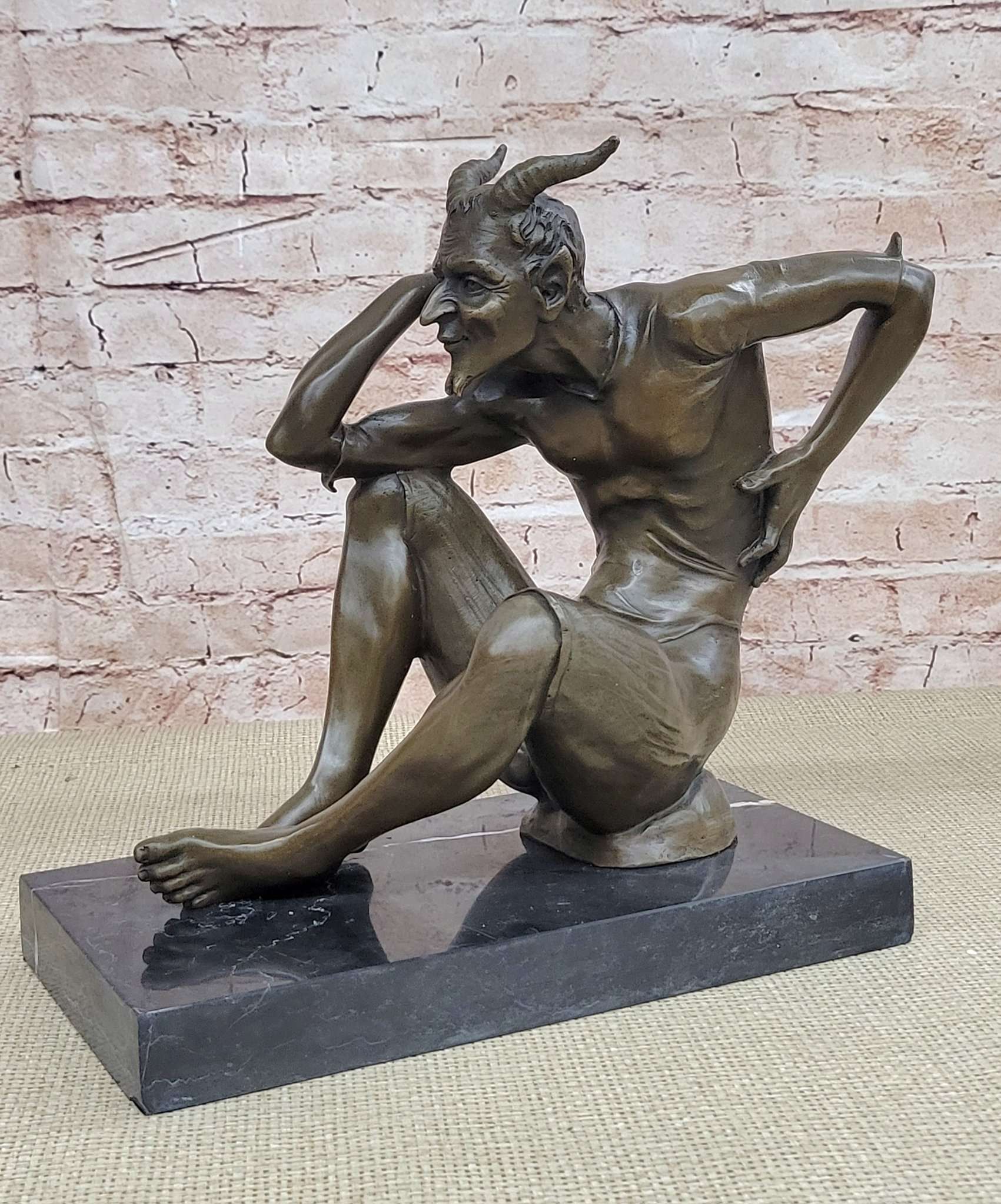 Seated Nude Devil Satan Fawn Satyr Bronze Sculpture Art on Marble Base