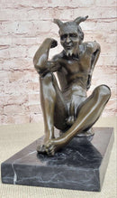 Seated Nude Devil Satan Fawn Satyr Bronze Sculpture Art on Marble Base