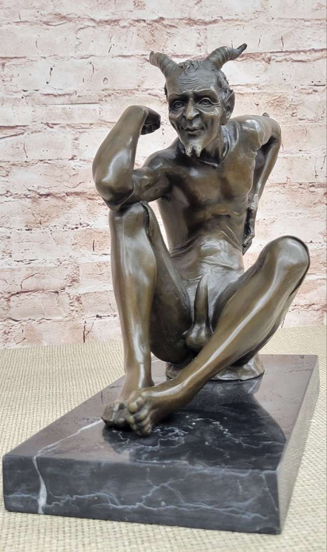 Seated Nude Devil Satan Fawn Satyr Bronze Sculpture Art on Marble Base