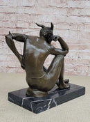 Seated Nude Devil Satan Fawn Satyr Bronze Sculpture Art on Marble Base