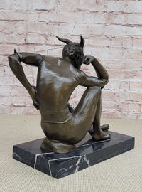 Seated Nude Devil Satan Fawn Satyr Bronze Sculpture Art on Marble Base