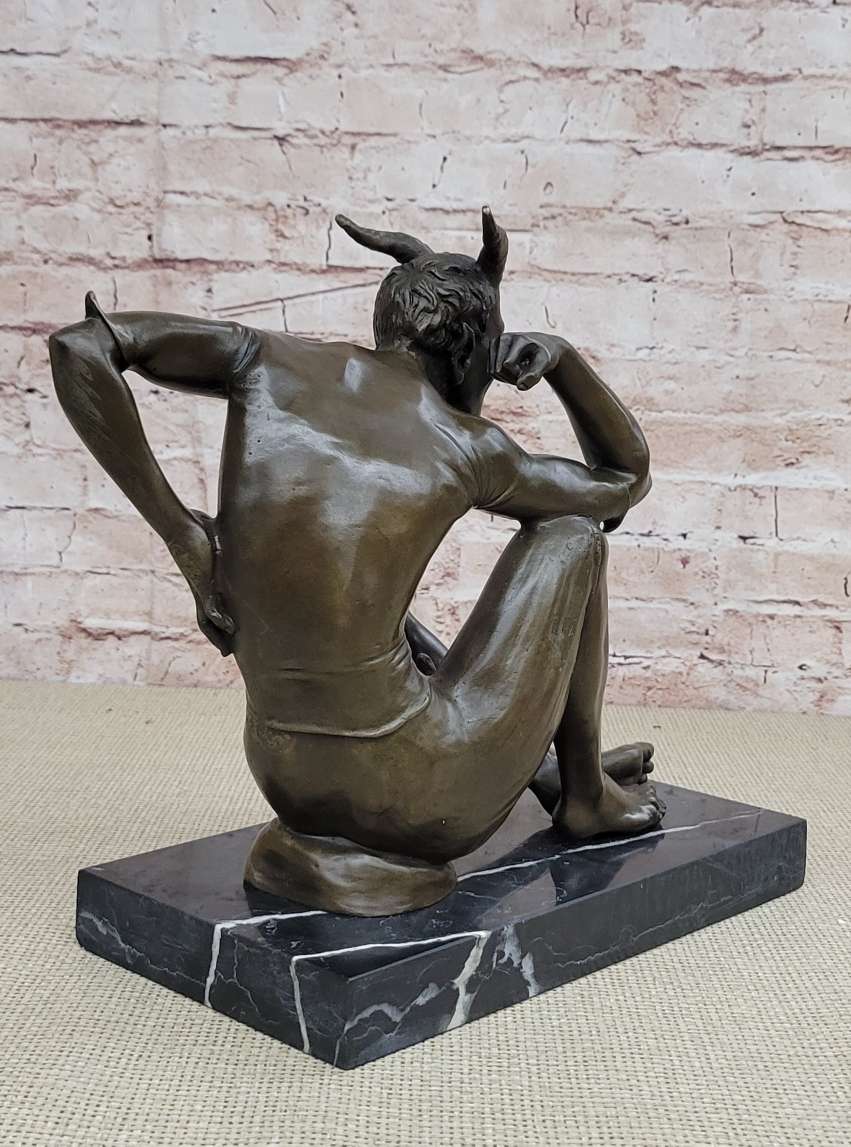 Seated Nude Devil Satan Fawn Satyr Bronze Sculpture Art on Marble Base