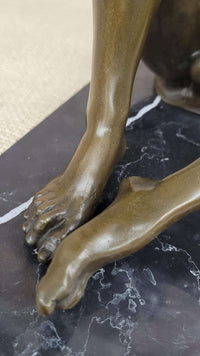 Seated Nude Devil Satan Fawn Satyr Bronze Sculpture Art on Marble Base
