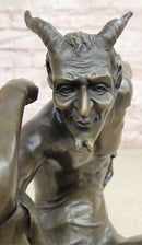 Seated Nude Devil Satan Fawn Satyr Bronze Sculpture Art on Marble Base