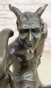Seated Nude Devil Satan Fawn Satyr Bronze Sculpture Art on Marble Base