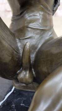 Seated Nude Devil Satan Fawn Satyr Bronze Sculpture Art on Marble Base