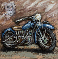 3D Metal Art Painting of Old Fashioned Blue Motorcycle