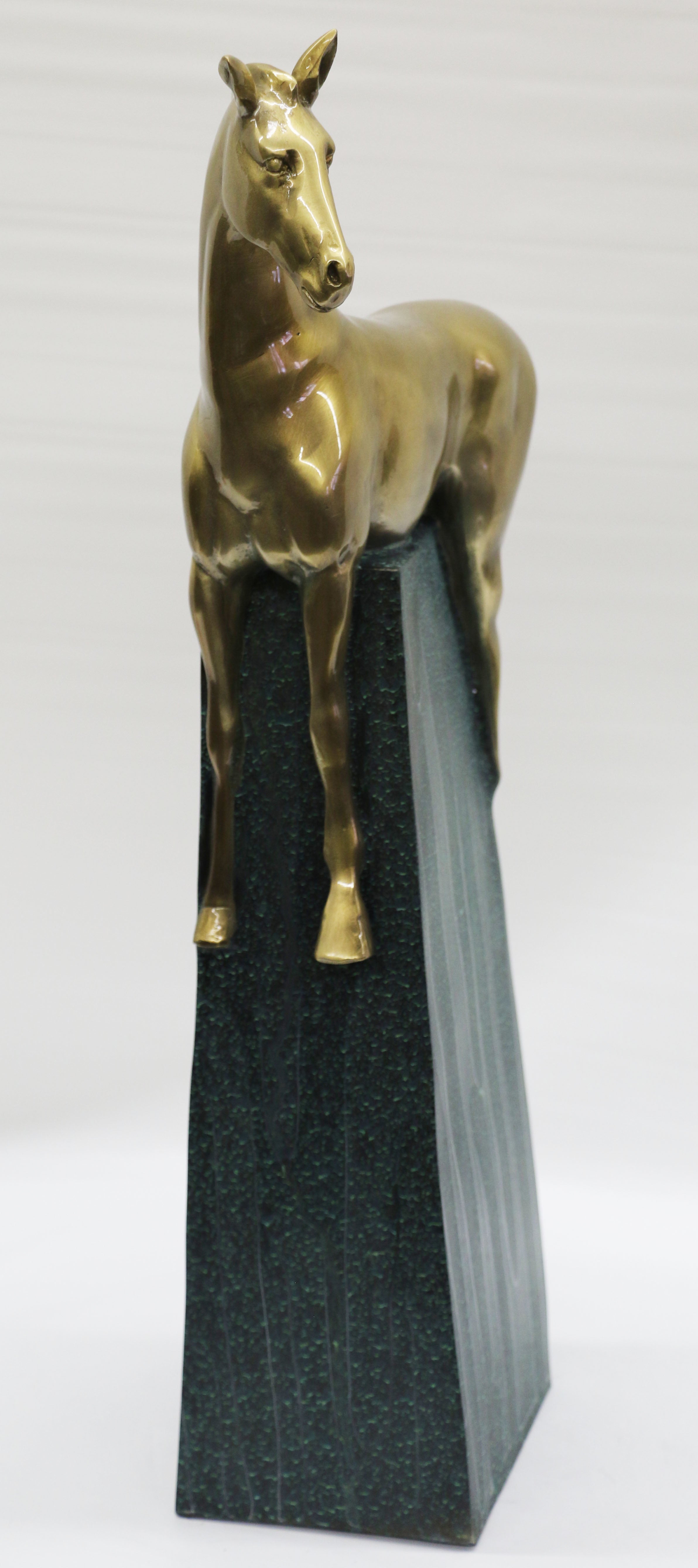 Large Green and Gold Patina Stallion Horse Bronze Sculpture