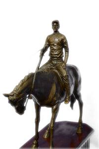 JOCKEY RIDING HORSE BRONZE STATUE FIGURE FIGURIN HOT CAST MARBLE BASE SCULPTURE