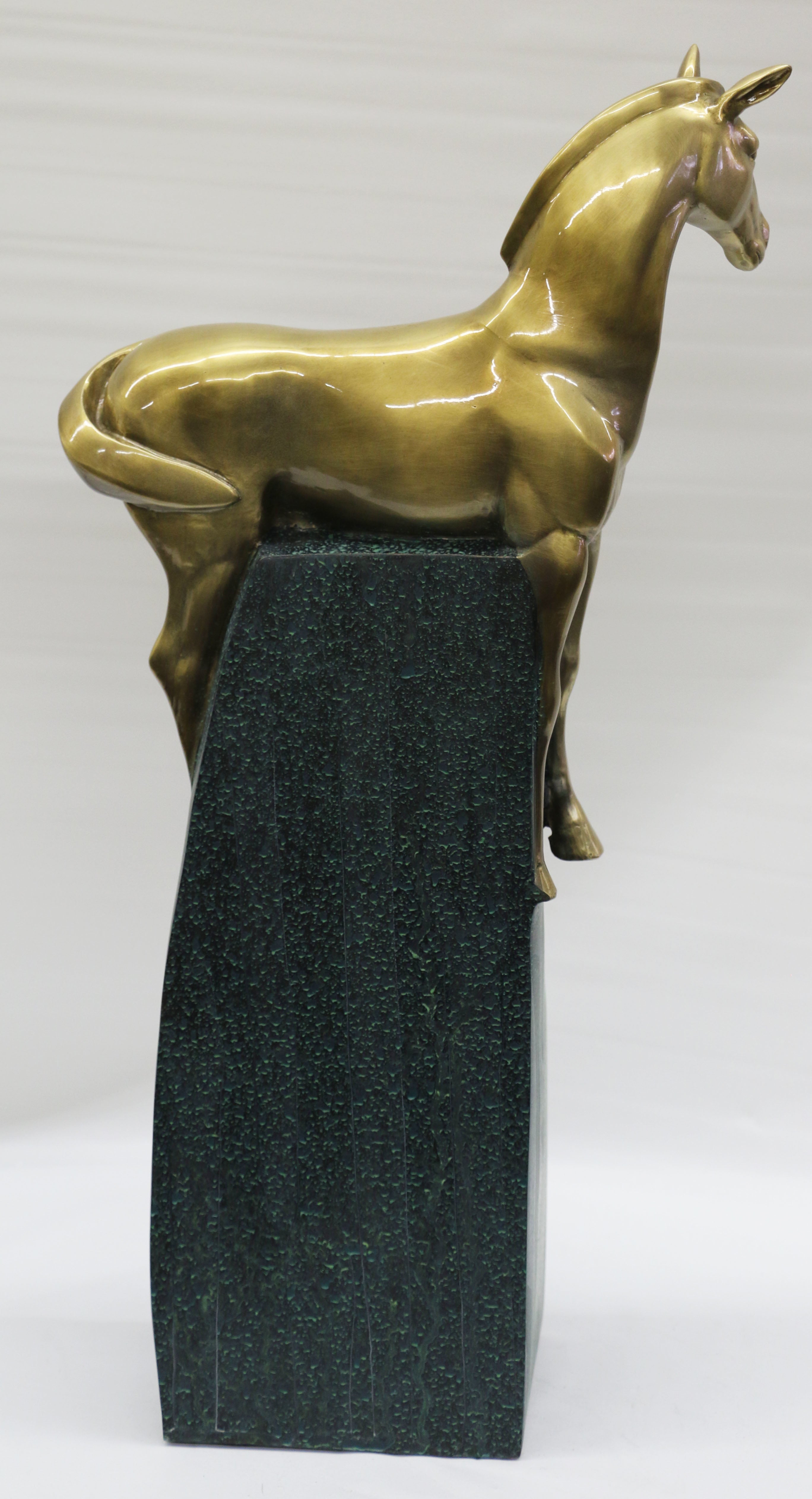 Large Green and Gold Patina Stallion Horse Bronze Sculpture