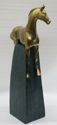 Large Green and Gold Patina Stallion Horse Bronze Sculpture
