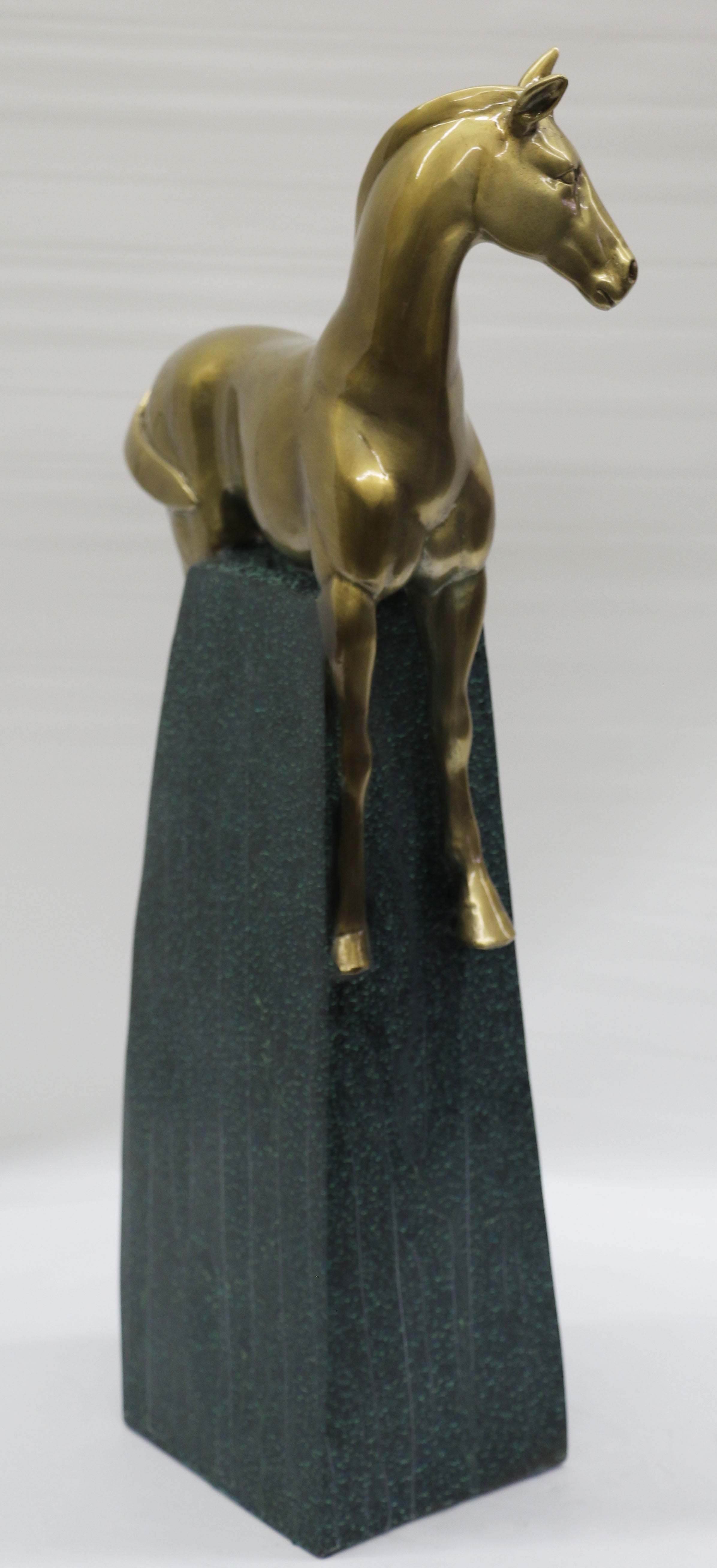 Large Green and Gold Patina Stallion Horse Bronze Sculpture