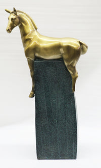 Large Green and Gold Patina Stallion Horse Bronze Sculpture