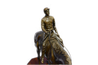 JOCKEY RIDING HORSE BRONZE STATUE FIGURE FIGURIN HOT CAST MARBLE BASE SCULPTURE