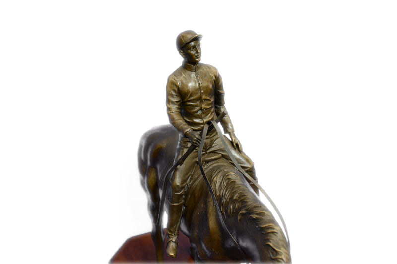 JOCKEY RIDING HORSE BRONZE STATUE FIGURE FIGURIN HOT CAST MARBLE BASE SCULPTURE