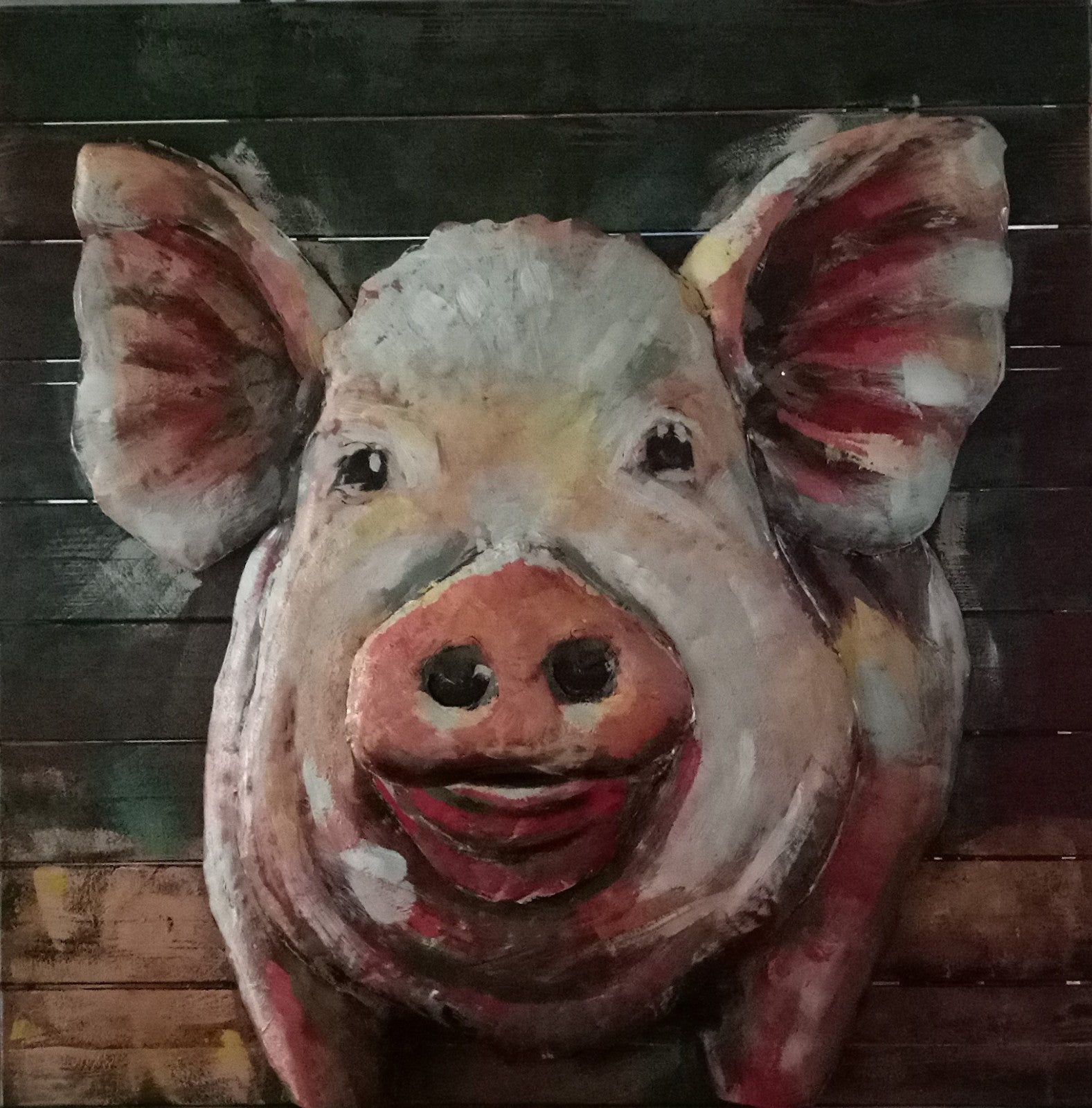 Pig Farm Animal Wall Art 3D Metal Cutout on Wood Canvas