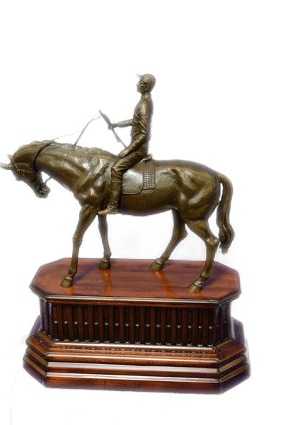 JOCKEY RIDING HORSE BRONZE STATUE FIGURE FIGURIN HOT CAST MARBLE BASE SCULPTURE