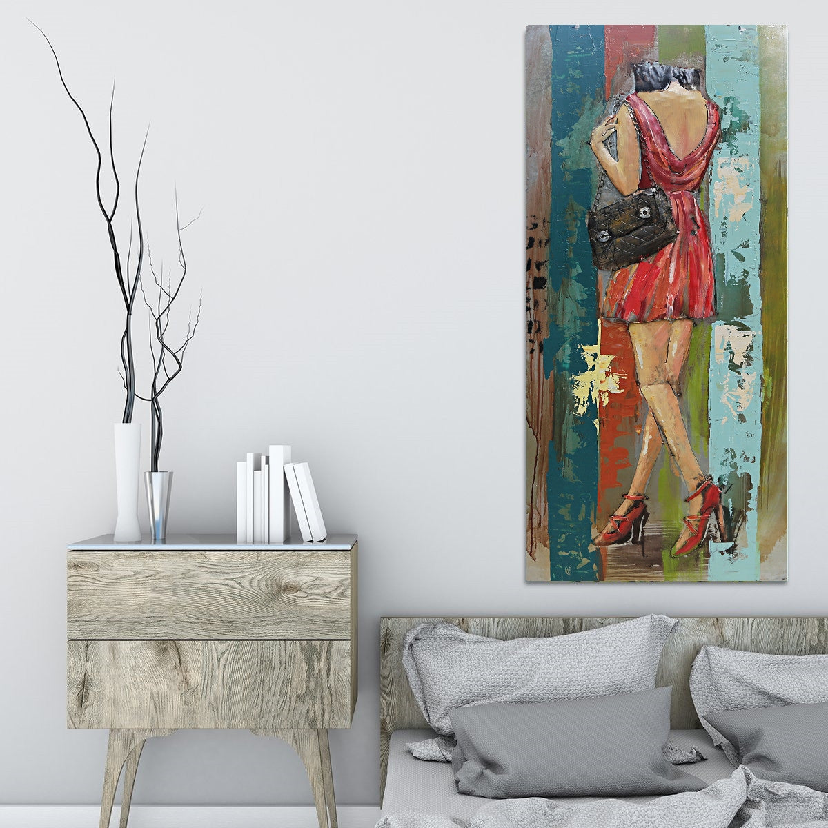 Young Woman in Red Dress 3D Wall Art Mixed Media Painting
