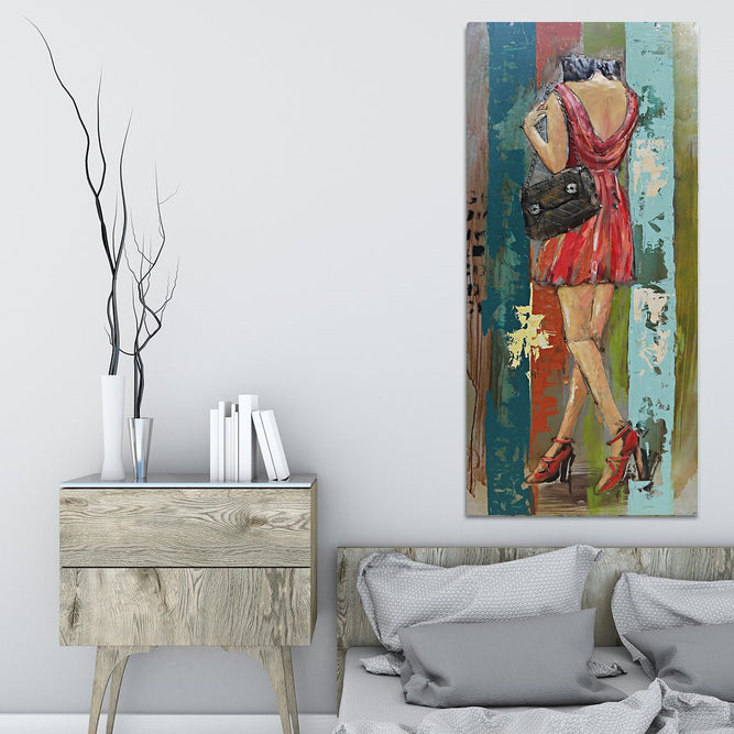 Young Woman in Red Dress 3D Wall Art Mixed Media Painting