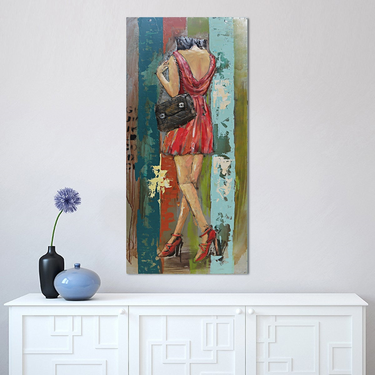 Young Woman in Red Dress 3D Wall Art Mixed Media Painting