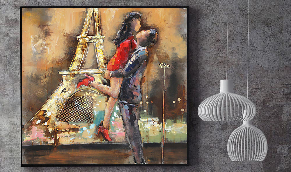 Lovers Couple Eiffel Tower Paris Romance Metal & Wood Wall Art