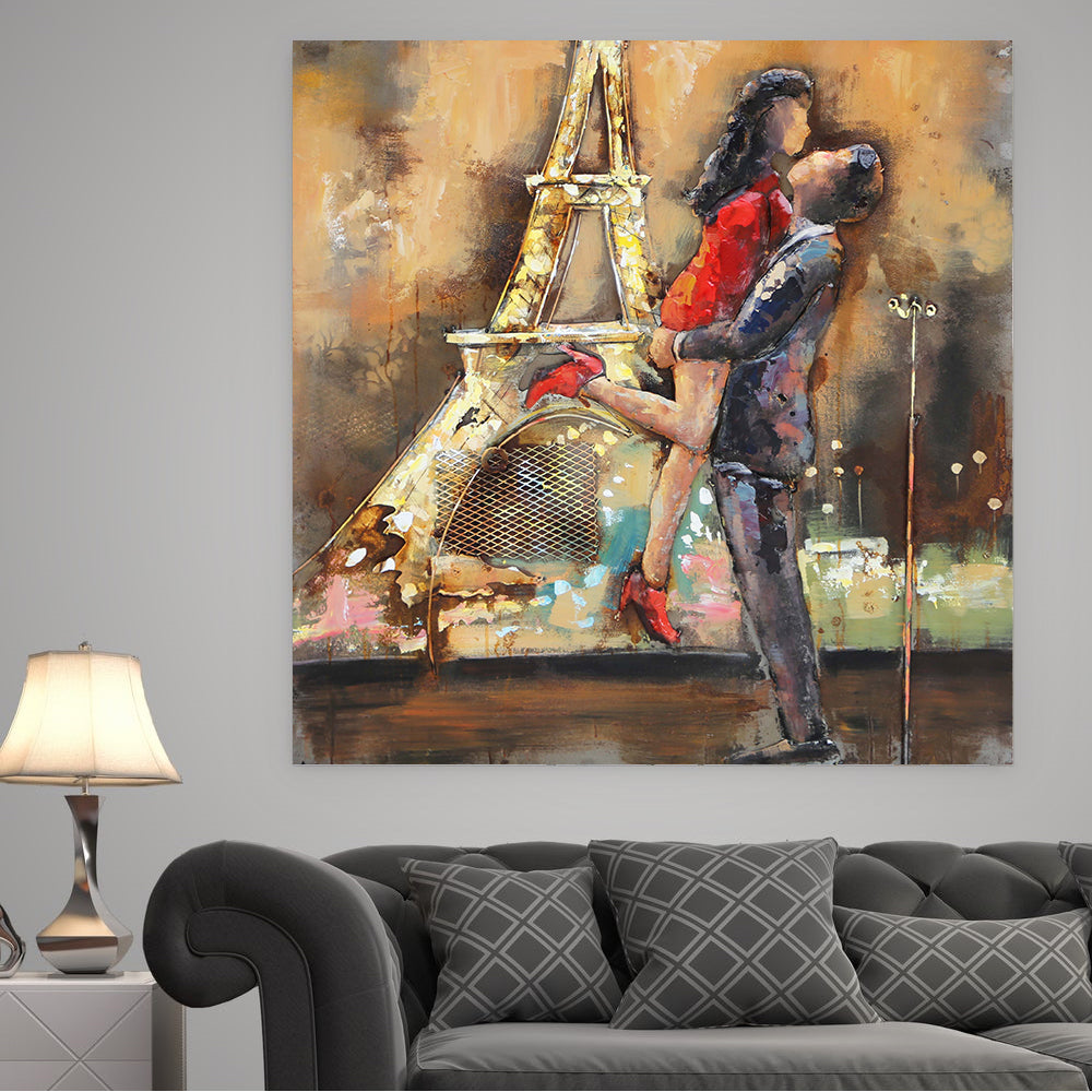 Lovers Couple Eiffel Tower Paris Romance Metal & Wood Wall Art