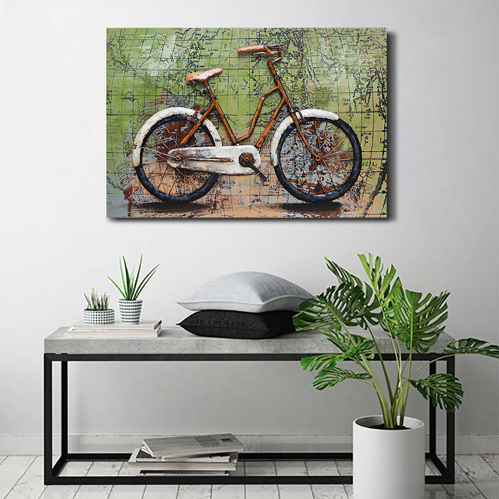 Rustic Bicycle & World Map 3D Wall Art Metal Cutout