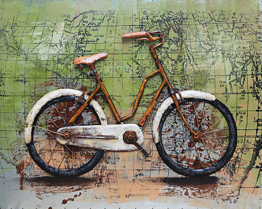 Rustic Bicycle & World Map 3D Wall Art Metal Cutout