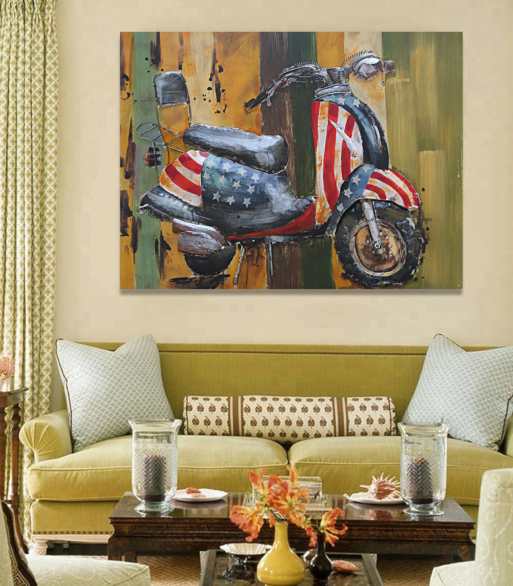 Moped Vespa Scooter American Flag 3D Metal Cutout Wall Art
