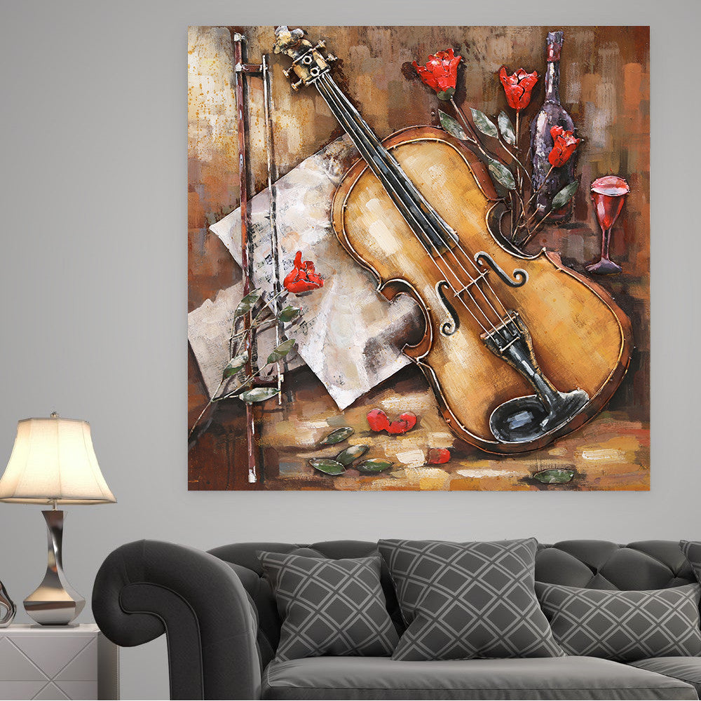 3D Wall Art Painting Metal Cutout Violin & Roses