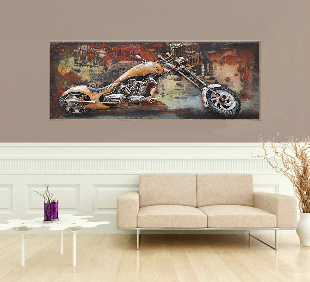 Framed Oil Painting Abstract Modern Metal Wall Art - Motorcycle