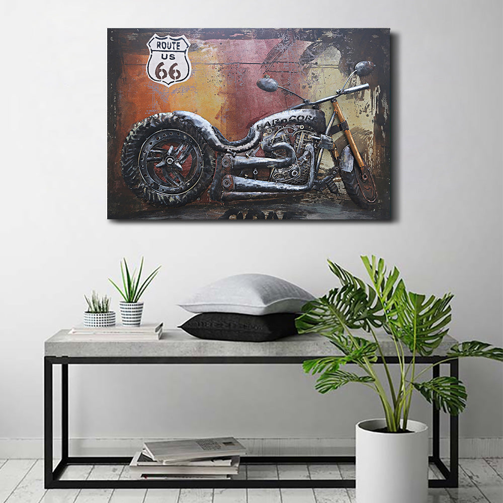 Route 66 Motorcycle Chopper HOG Metal & Wood 3D Wall Art