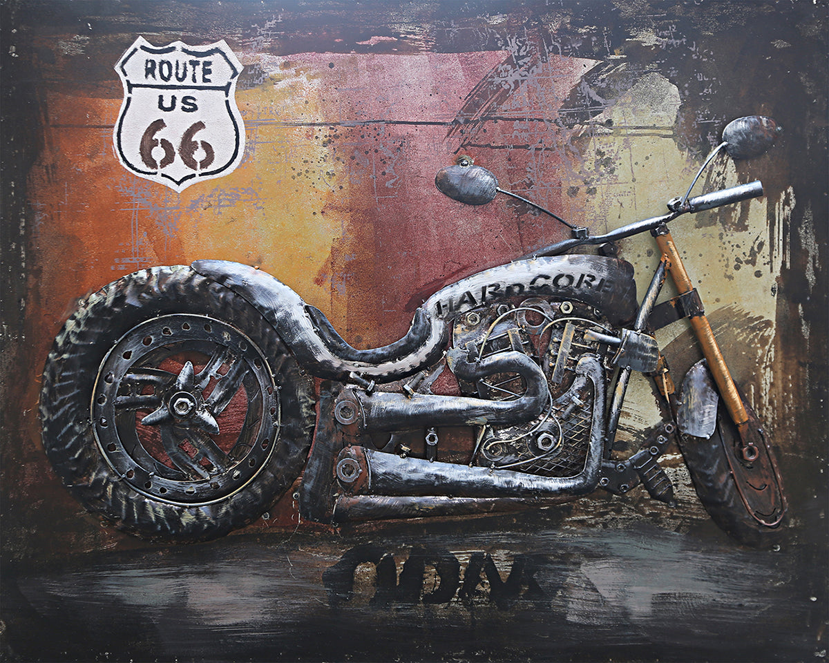 Route 66 Motorcycle Chopper HOG Metal & Wood 3D Wall Art