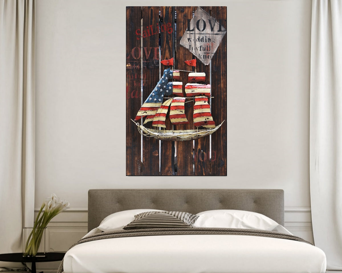Love Sailing Boat American Flag Metal & Wood 3D Wall Art