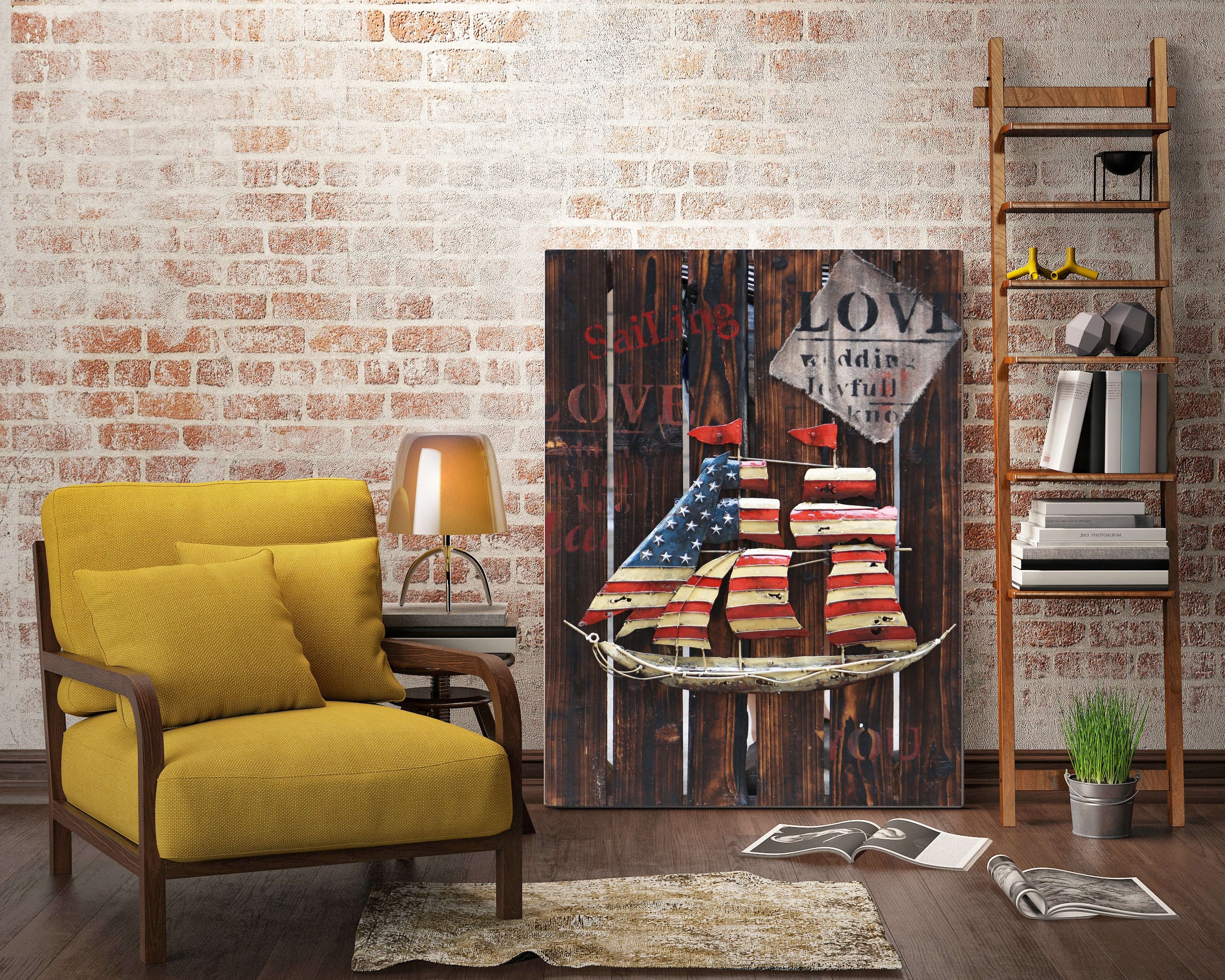 Love Sailing Boat American Flag Metal & Wood 3D Wall Art