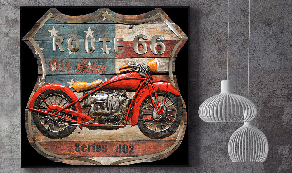 Route 66 American Flag & Red Motorcycle Biker Wall Art 3D Metal