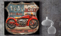 Route 66 American Flag & Red Motorcycle Biker Wall Art 3D Metal