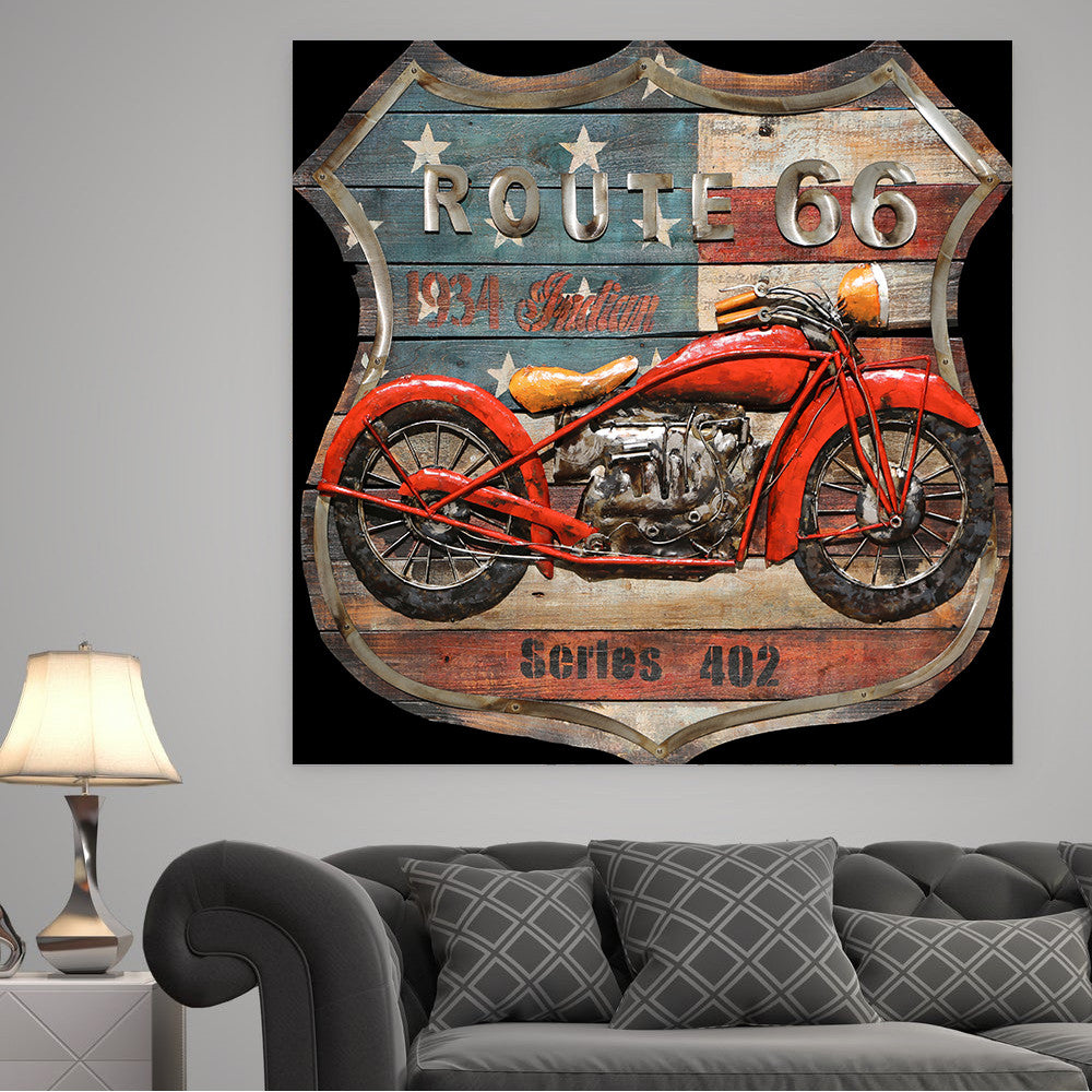 Route 66 American Flag & Red Motorcycle Biker Wall Art 3D Metal