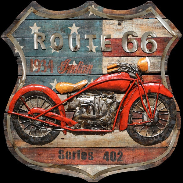 Route 66 American Flag & Red Motorcycle Biker Wall Art 3D Metal