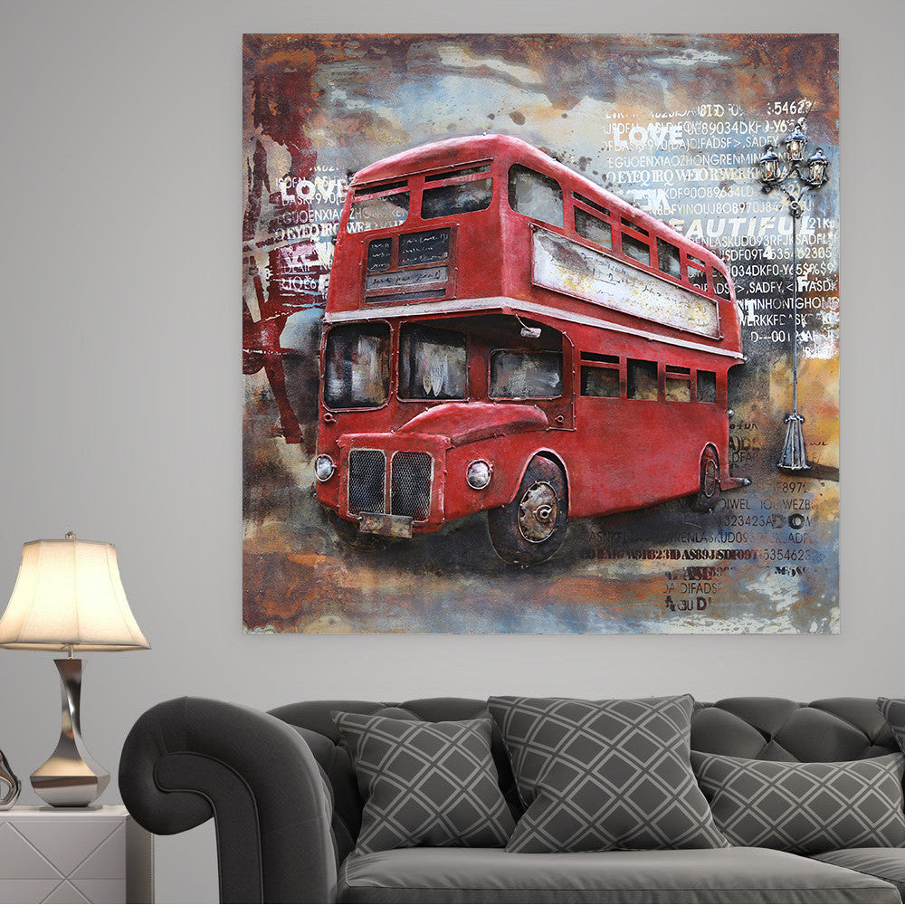 London Double Decker Red Bus 3D Metal Cutout Painting