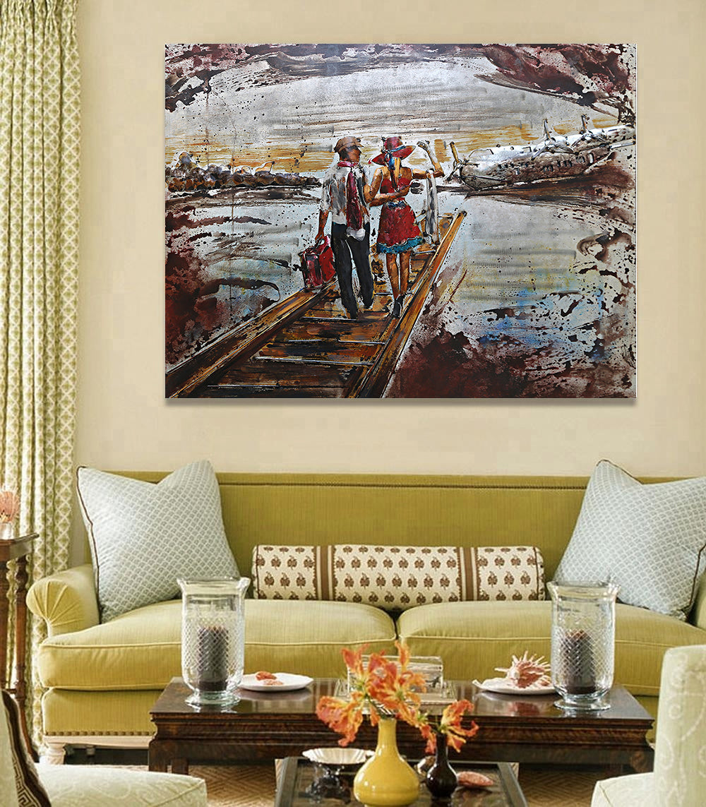 Romance Couple Walking Bridge Lake Pond 3D Wall Art