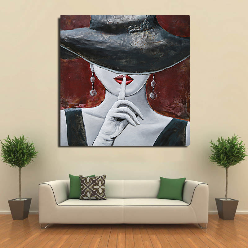 Woman in Hat Hushing Silence Metal & Wood 3D Wall Art